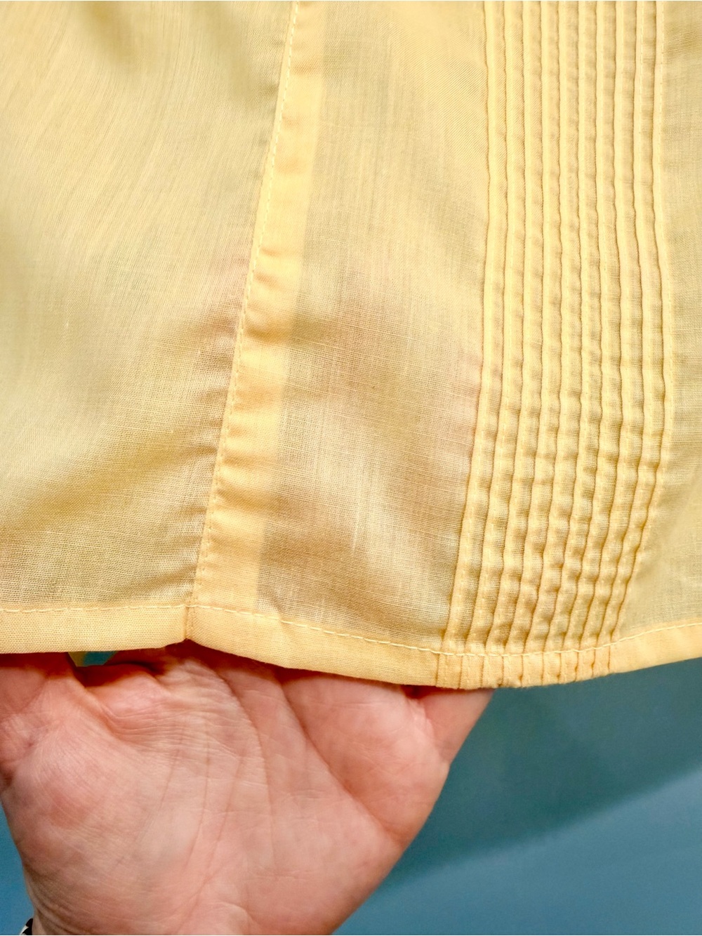 Vintage 70s You Babes Pastel Yellow Ruffle Tuxedo Pleat Blouse Back Button Sz S - Picture 9 of 16